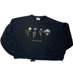 Urban Nation Black Cropped Crewneck Sweatshirt with Flowers and Drawstring Sz XL